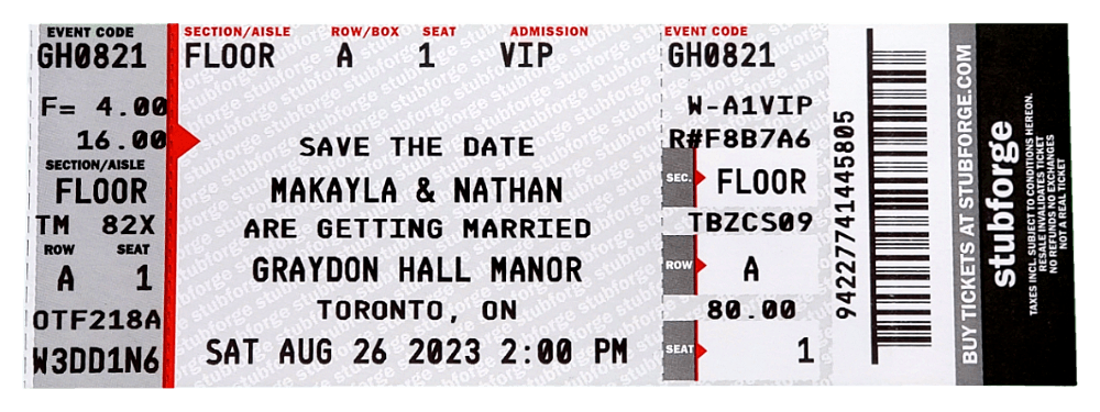 A wedding ticket on Stubforge ticket stock